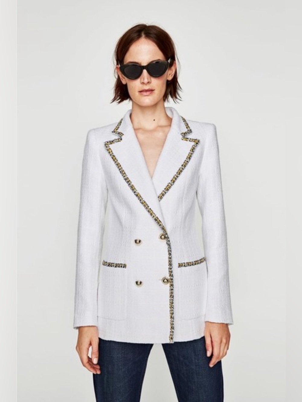 Zara White Tweed Double-Breasted Blazer with Multicolor Trim - Picture 10 of 13